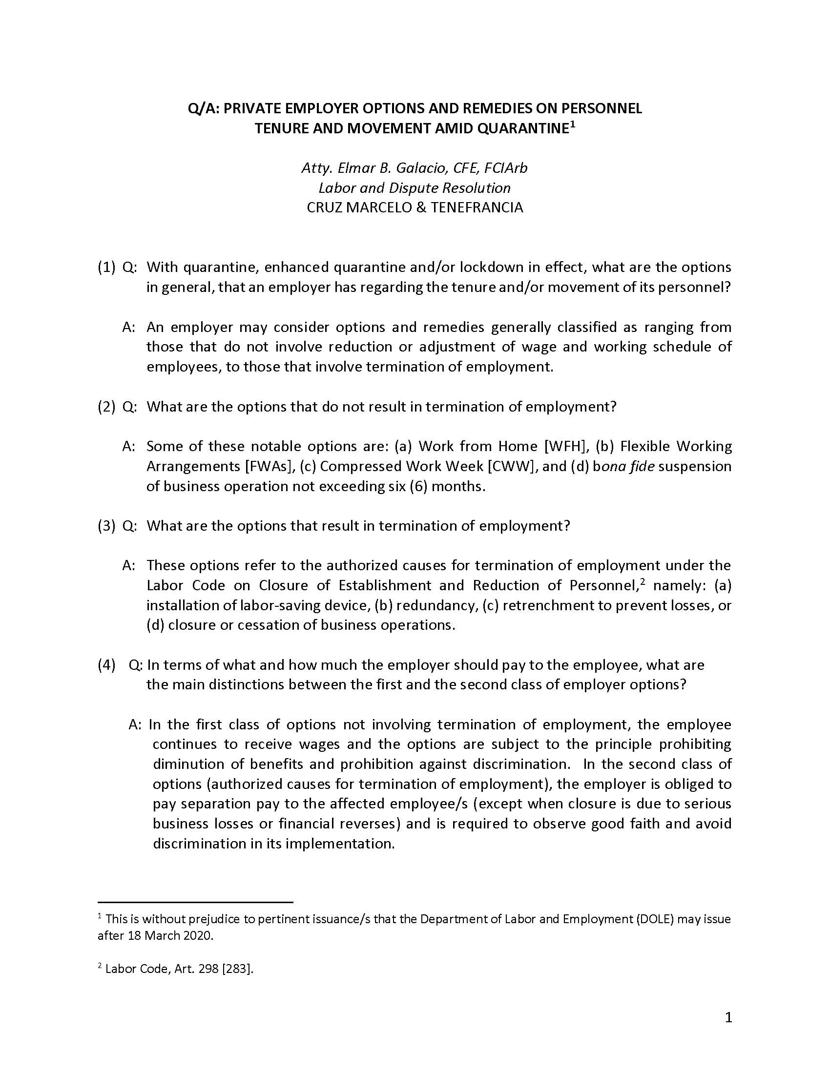 Employer Options amid Quarantine FAQ by Atty. Elmar Galacio 1 Page 01